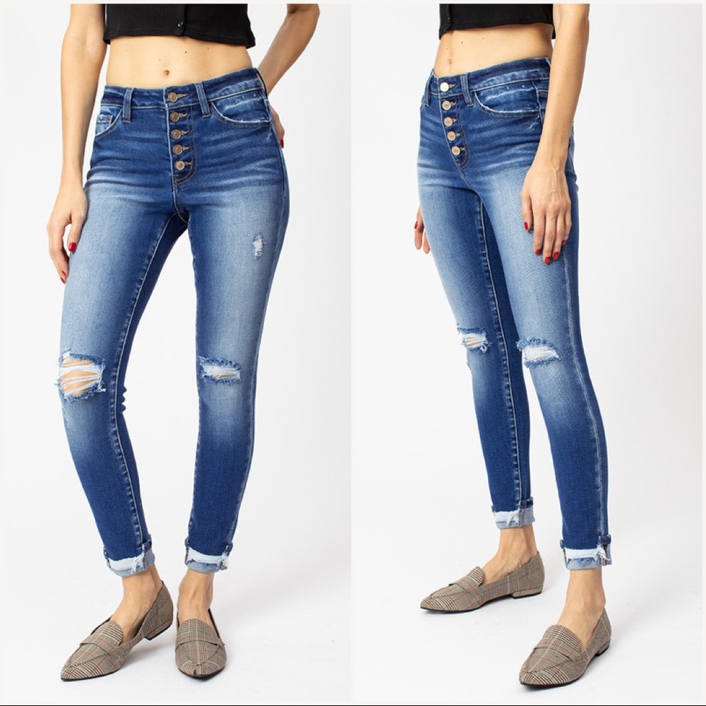 High Rise Button Fly Skinny Jeans - Picture 2 of 7